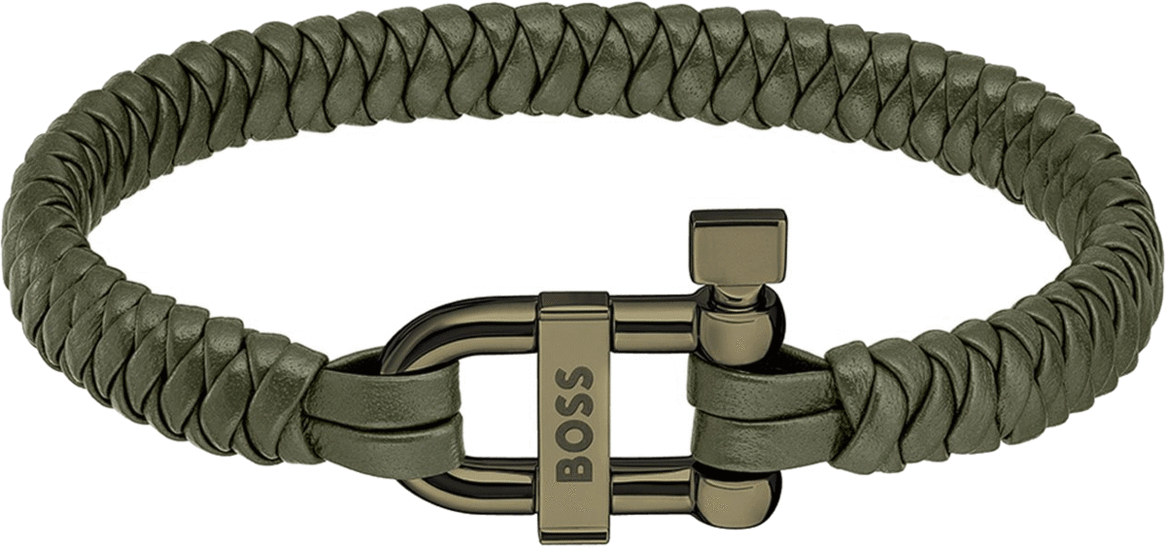 HUGO BOSS KHAKI BRAIDED-LEATHER CUFF WITH BRANDED D-RING CLOSURE 1580277