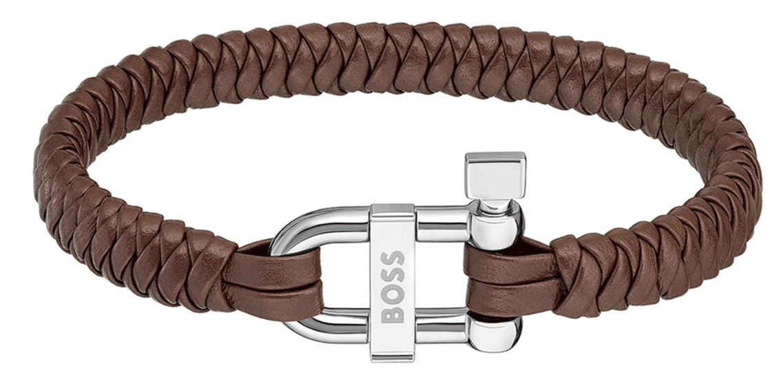 HUGO BOSS BROWN BRAIDED-LEATHER CUFF WITH BRANDED D-RING CLOSURE 1580278