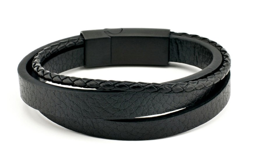 TRIPLED BLACK LEATHER BRACELET WITH BLACK STAINLESS STEEL CLASP BY MENVARD MV1011