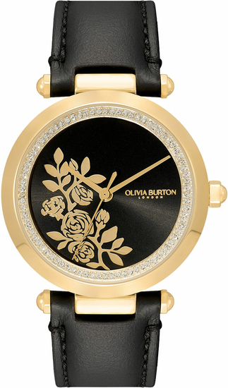 OLIVIA BURTON Signature 34mm Floral T-Bar Gold & Black Leather Strap Watch 24000064