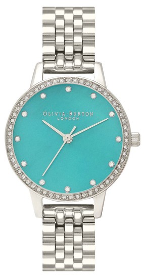 Olivia Burton Midi Green Mother Of Pearl Sparkle Bezel, Silver Bracelet Watch OB16MD101