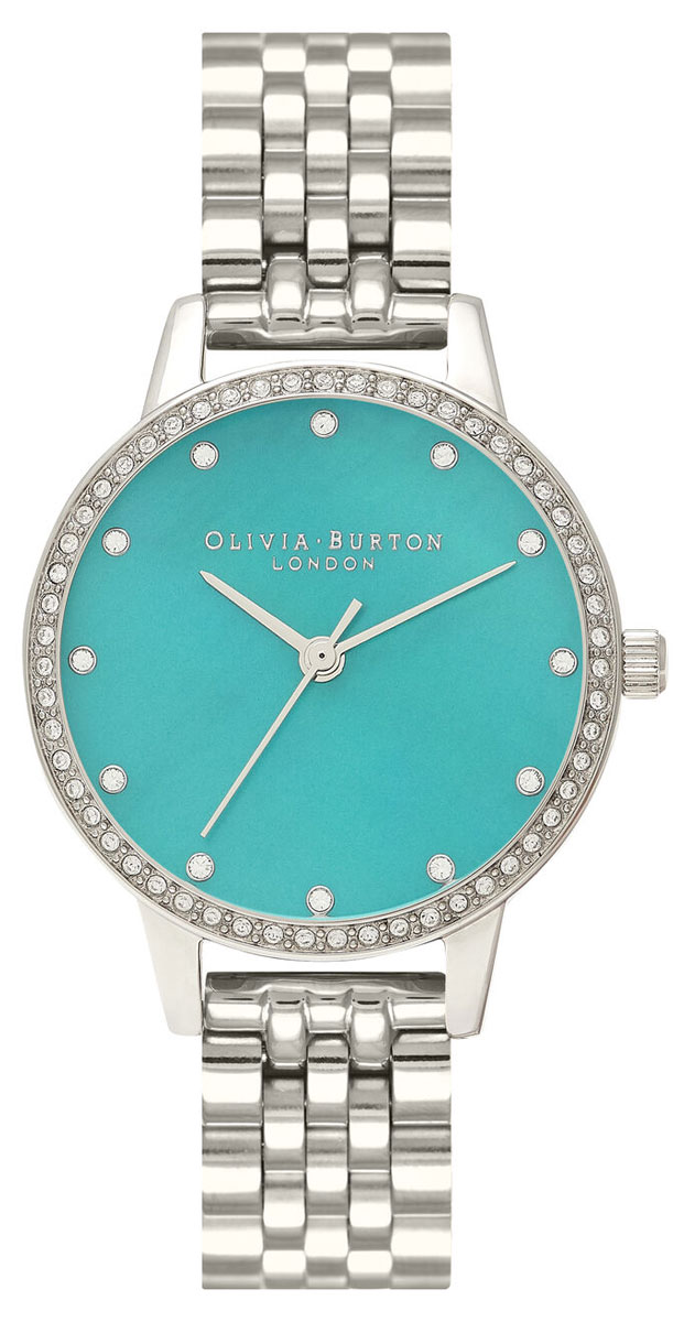 Olivia Burton Midi Green Mother Of Pearl Sparkle Bezel, Silver Bracelet Watch OB16MD101